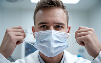 Doctor preparing to wear a surgical mask in a clinical setting for patient safety