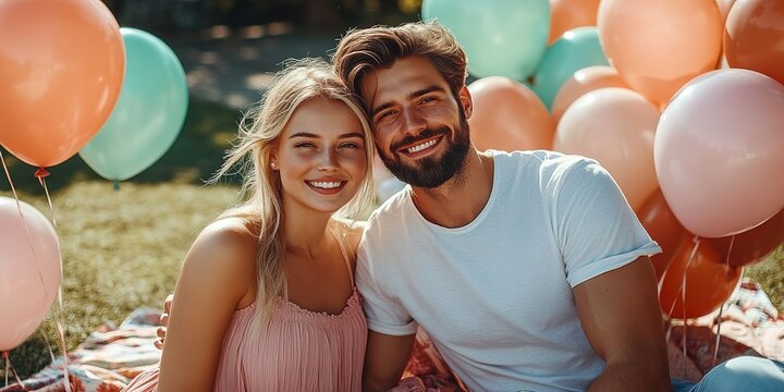 Young couple enjoying a sunny day outdoors surrounded by colorful balloons and a picnic blanket on the grass