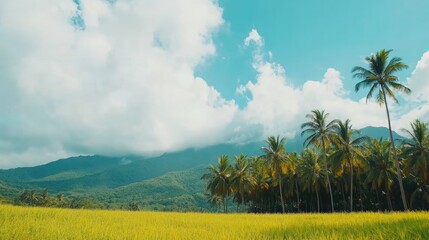 Fototapeta premium Serene Tropical Landscape: Golden Rice Fields, Palm Trees, and Majestic Mountains Under a Cloudy Sky