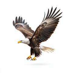 Naklejka premium A majestic eagle soars with its wings spread wide, showcasing powerful feathers against a simple white background.
