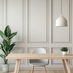A modern workspace featuring a light wood desk, simple chair, and greenery, creating a serene and organized environment.