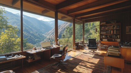Fototapeta premium Cozy Mountain Cabin Home Office with Breathtaking Views