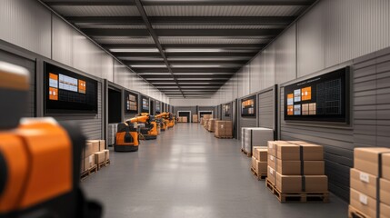 A modern warehouse with automated robots handling packages, reflecting efficiency and innovation in logistics.