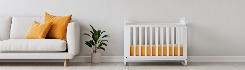 Baby accessories minimalistic concept. A modern nursery featuring a white crib, cozy sofa with orange pillows, and a potted plant against a light wall backdrop.