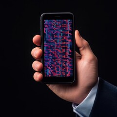 A person holding a smartphone displaying a vibrant digital screen with abstract patterns, representing modern technology and connectivity.