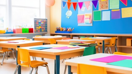 A colorful classroom with desks, vibrant decorations, and supplies for learning activities.