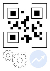 QR code above gears and upward trend arrow. Ideal for technology, innovation, digital marketing, business growth, data analysis, process optimization, and efficiency. Line metaphor