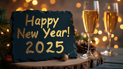 Happy New Year 2025 Greeting Card: Elegant Black Slate Design with Golden Text and Festive Decorations