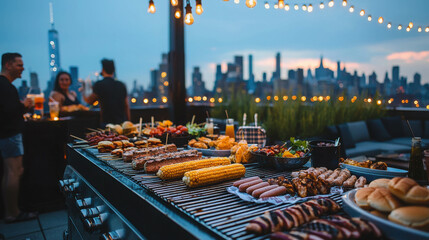 Rooftop Barbecue Festivities in New York City with City Skyline at Dusk