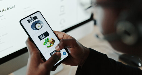 Hands, phone screen and app for food delivery at office, call center and online order with...