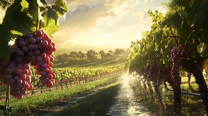 5. A water sprinkler irrigating a vineyard with ripe grape clusters hanging on the vines