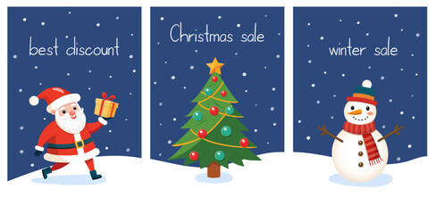 The offer of Christmas and New Year discounts for the winter season. Banners on the theme of the seasonal sale. Vector illustration.