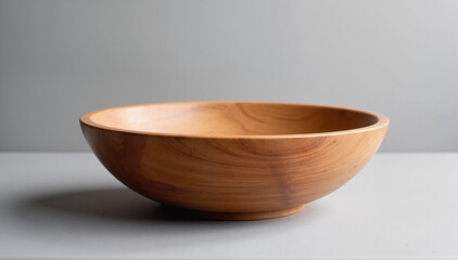 Wooden bowl on gray surface in natural lighting