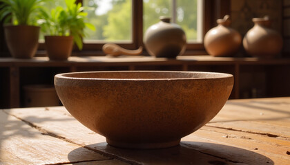 Rustic ceramic bowl on wooden table in sunny room