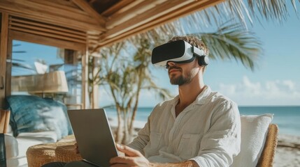 Young professional using virtual reality glasses in a minimalist beach cabin while working on a laptop
