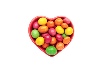 Chocolate covered balls isolated on white background. Colorful chocolate coated candies. Top view