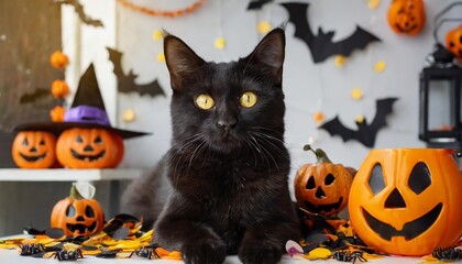 Adorable Black Cat Surrounded by Whimsical Halloween Decor in a Festive Room Setting Perfect for Halloween Party Vibes and Celebrations with Furry Friends