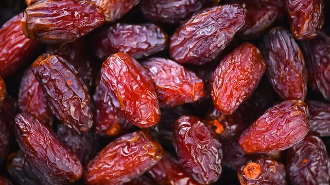 Date fruits. Dates fruit close up design background. Heap of Medjool dates close up, macro shot. Dried fruits, healthy vegan food backdrop rotating.