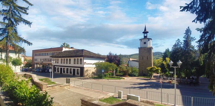 Dryanovo, Bulgaria - 08.10.2024: Panorama of the Clock Tower and the Ikonomova House