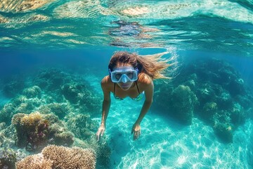 Tourist snorkeling in turquoise tropical sea exploring coral reefs