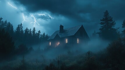 Haunted house in a stormy night with dramatic lightning and dark clouds, creating an eerie atmosphere surrounded by fog and trees, HD image,