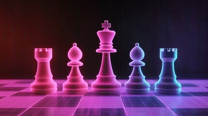 A futuristic depiction of chess pieces glowing in vibrant colors, showcasing a blend of strategy and artistry on a digital chessboard.