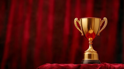 A gleaming golden trophy stands proudly against a rich red backdrop, symbolizing achievement and success.