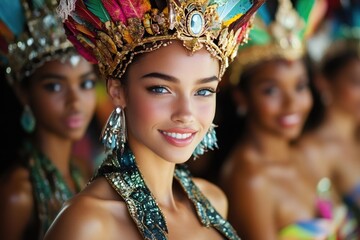 Beautiful dancers wearing traditional colorful feathered headdresses are smiling during brazilian...