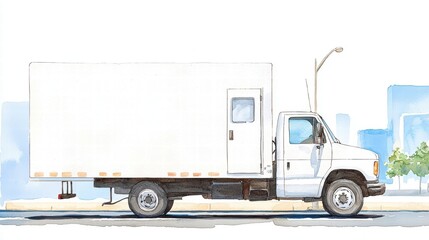 White delivery truck parked on a city street with a blank cargo area. busy and delivering theme watercolor style.