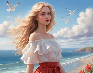 Blonde Woman In Floral Dress Enjoying a Serene Ocean View at the Beach digital art