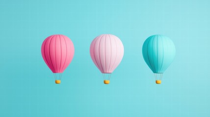 Three colorful hot air balloons float against a light blue background, creating a whimsical and cheerful atmosphere.