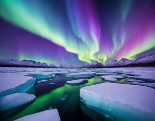 Stunning Northern Lights Over Arctic Landscape with Icebergs and Snow-Capped Mountains Reflected in Frozen Sea - Aurora Borealis