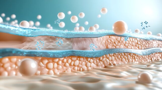 3D illustration of skin layers showing hydration, absorption of active ingredients, and moisture retention in a cellular structure.
