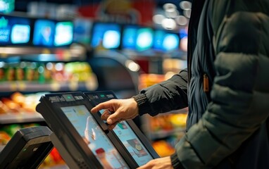 Closeup of male hands in a jacket using self check out machine on self check out lane at the grocery store in the supermarket, self service area, POS system. Copy space, blurred bokeh background.