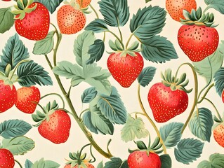 This vibrant botanical illustration showcases a bountiful strawberry patch, with ripe, red berries nestled amongst lush green leaves and delicate vines.