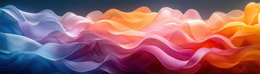 Obraz premium A vibrant, flowing wave of colorful fabric-like textures blends shades of purple, pink, and orange, creating a dynamic and artistic visual effect.