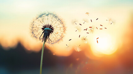 A dandelion is blowing in the wind, with the sun setting in the background