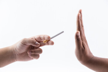 Hand reject or refuse sign for a cigarette from - quit smoking concept.