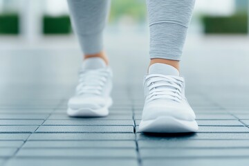 Closeup of feet in white sneakers walking.