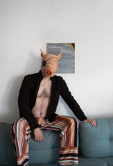 man in rubber pig mask sittihg on sofa