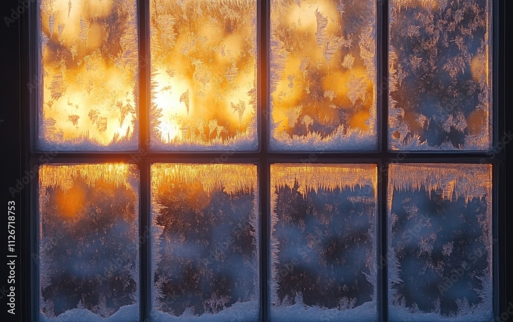 Aufkleber Old window with frosted glass illuminated by the golden glow of sunrise. The scene captures the intricate patterns in the ice crystals on each pane, creating a serene and magical atmosphere.