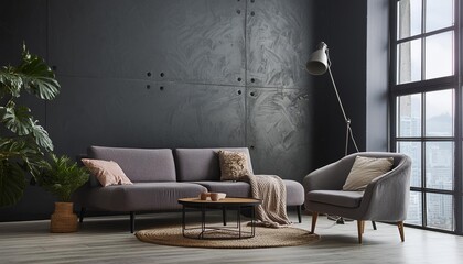 Dark Cozy Loft Style Living Room with Expansive Window A Serene Interior Background for Modern Aesthetics and Relaxation, Perfect for Interior Design Inspiration and Contemporary Decor Ideas