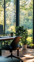 A desk with a computer and a chair. A potted plant is on the desk. There are two plants in the room