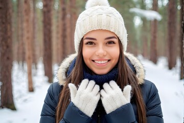 Young woman in warm clothes playing with snow outdoors in the winter with copy space.