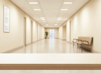 Empty Hospital Corridor with Wooden Table - Modern Interior Design