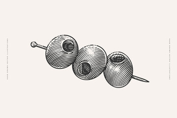 Hand drawn vintage illustration of olives skewered on a cocktail stick in an engraving style. Ideal for food, cocktail, or bar-related design projects.