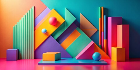 Vibrant Geometric Abstract Composition Featuring Colorful Shapes and Forms on a Pink Surface