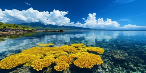 The sea water near the seaside reefs beautifully mirrors the yellow reefs along with the vibrant blue sky, creating a stunning visual of the yellow reefs against a tranquil backdrop.