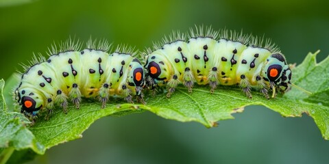 Fototapeta premium Caterpillars feeding on green leaves showcase the natural process of caterpillars interacting with green leaves in their environment, emphasizing the connection between caterpillars and green leaves.
