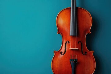 Viola hanging on teal wall with copy space for music advertisement